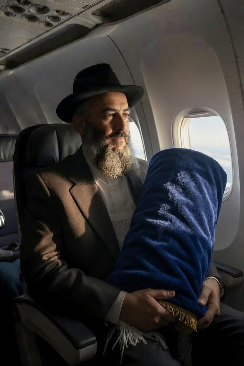 A heimishe companion guarding a Sefer Torah during travel